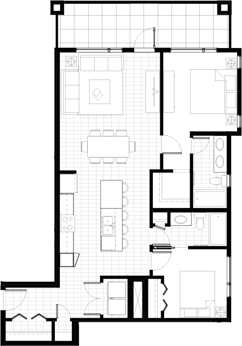 Blueprint of the two bedroom, two bathroom Atwood 3FS floorplan.